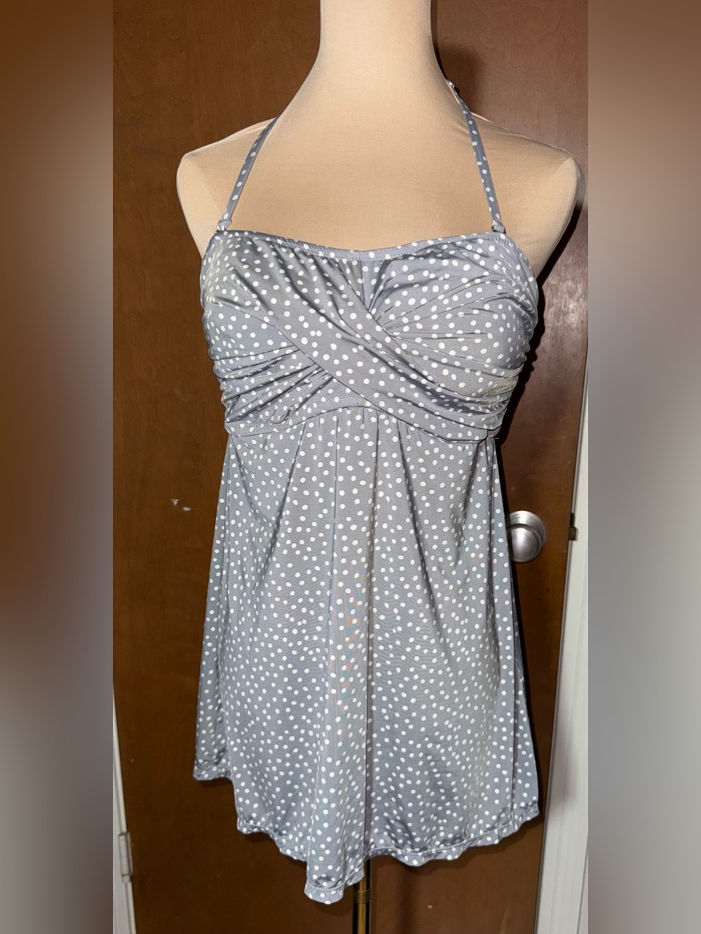 Garnet hill womens Gray Polka Dot Halter Swimdress Sz 12 quiet luxury minimalist